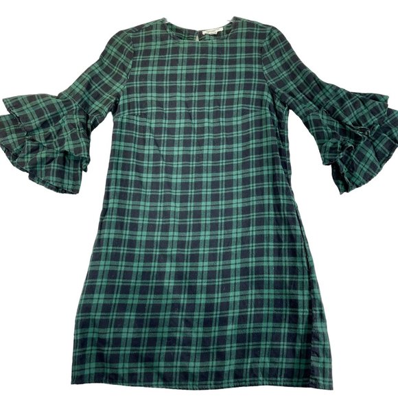 BEACHLUNCHLOUNGE Womens XS Blue Green Plaid Flannel Ruffle Sleeve Dress Pockets - Picture 1 of 14